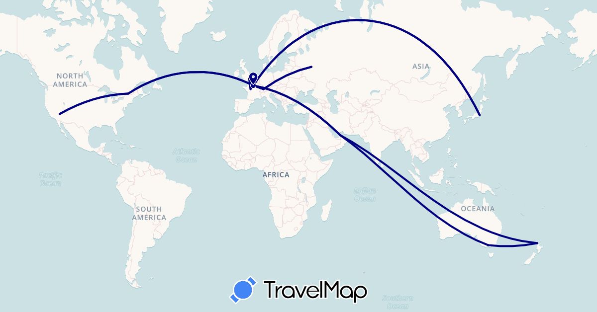 TravelMap itinerary: driving in United Arab Emirates, Australia, Canada, Switzerland, France, United Kingdom, Japan, New Zealand, Russia, United States (Asia, Europe, North America, Oceania)